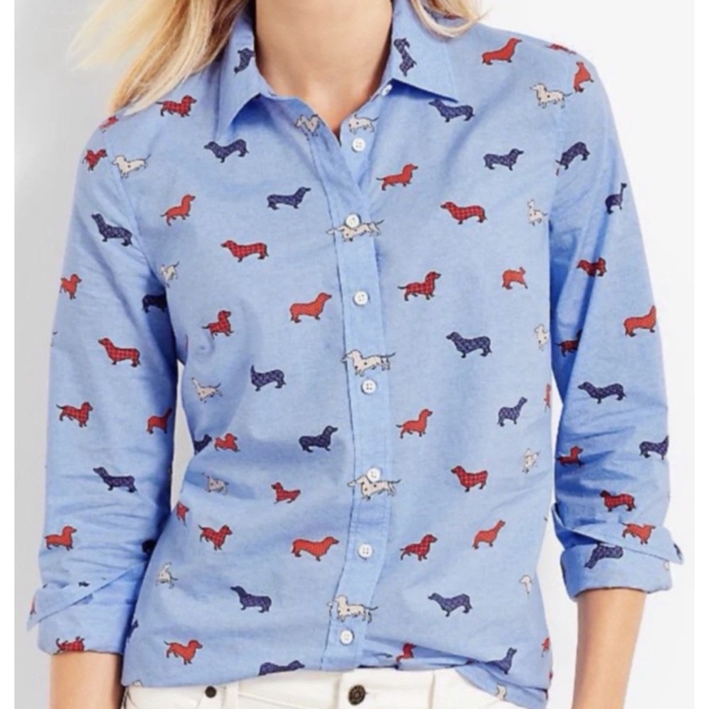 Talbots Dachshund Dog Blouse XS Blue 100% Cotton Print Button Up Preppy